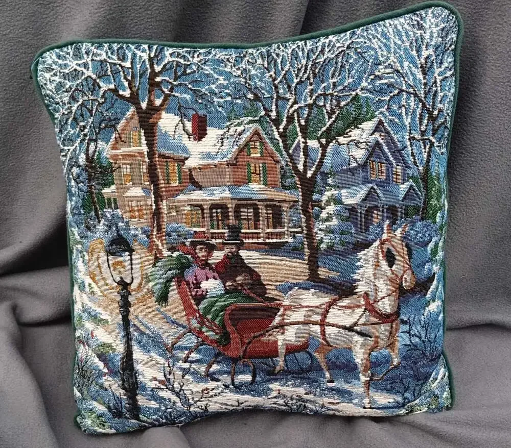Vintage Christmas Tapestry Sleighing Scene Pillow 12x12 Green Holiday Decor